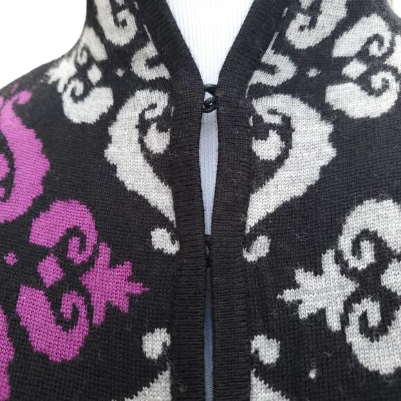 NEVE Geometric Wool Cardigan Jacket Hook Eye Notched Back Black Gray Purple Sz S - Picture 4 of 16